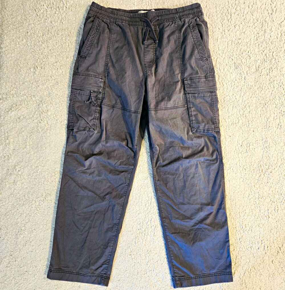 Hollister Cargo Pants Mens Large Grey Baggy Drawstring Elastic Waist Skater
